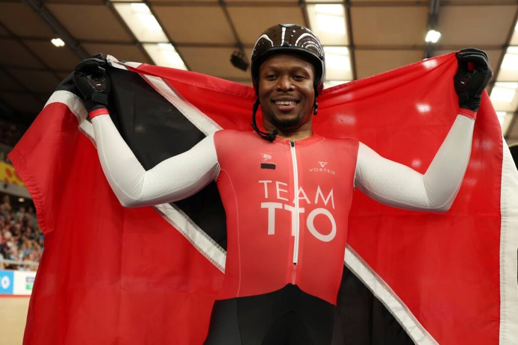 Trinidad And Tobago's Nicholas Paul celebrates after winning the men's keirin final during the Commonwealth Games track cycling at Lee Valley VeloPark in London, England on July 30. - AP PHOTO (Photo obtained via newsday.co.tt)